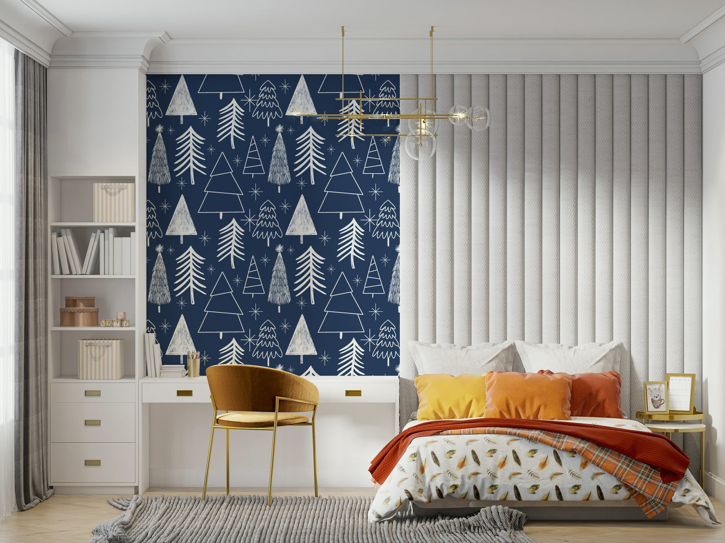 A modern winter wallpaper design combining sketched evergreen trees with starbursts.