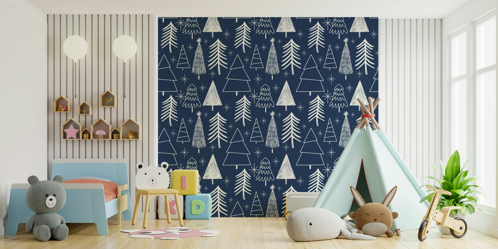 A festive wallpaper with sketched winter trees and star accents in a simple, modern style.