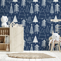 A cozy winter wallpaper showcasing minimalist white tree illustrations on a dark backdrop.