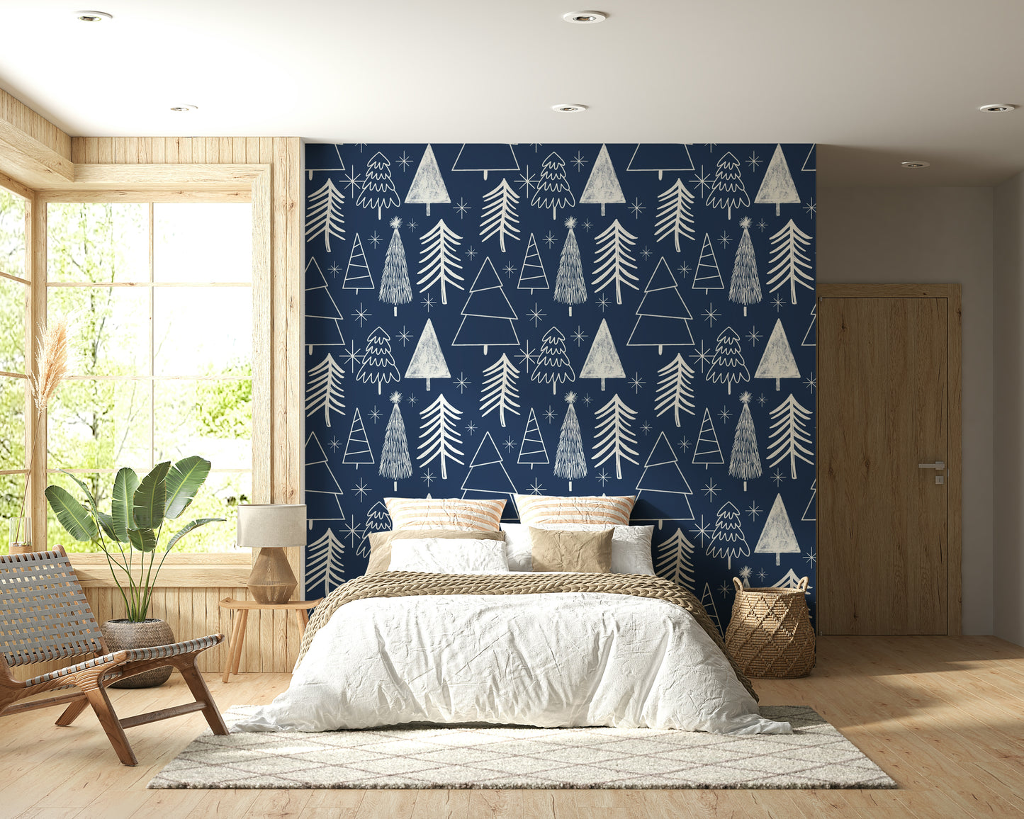 Winter trees wallpaper with clean, simple line drawings and a snowy forest feel.