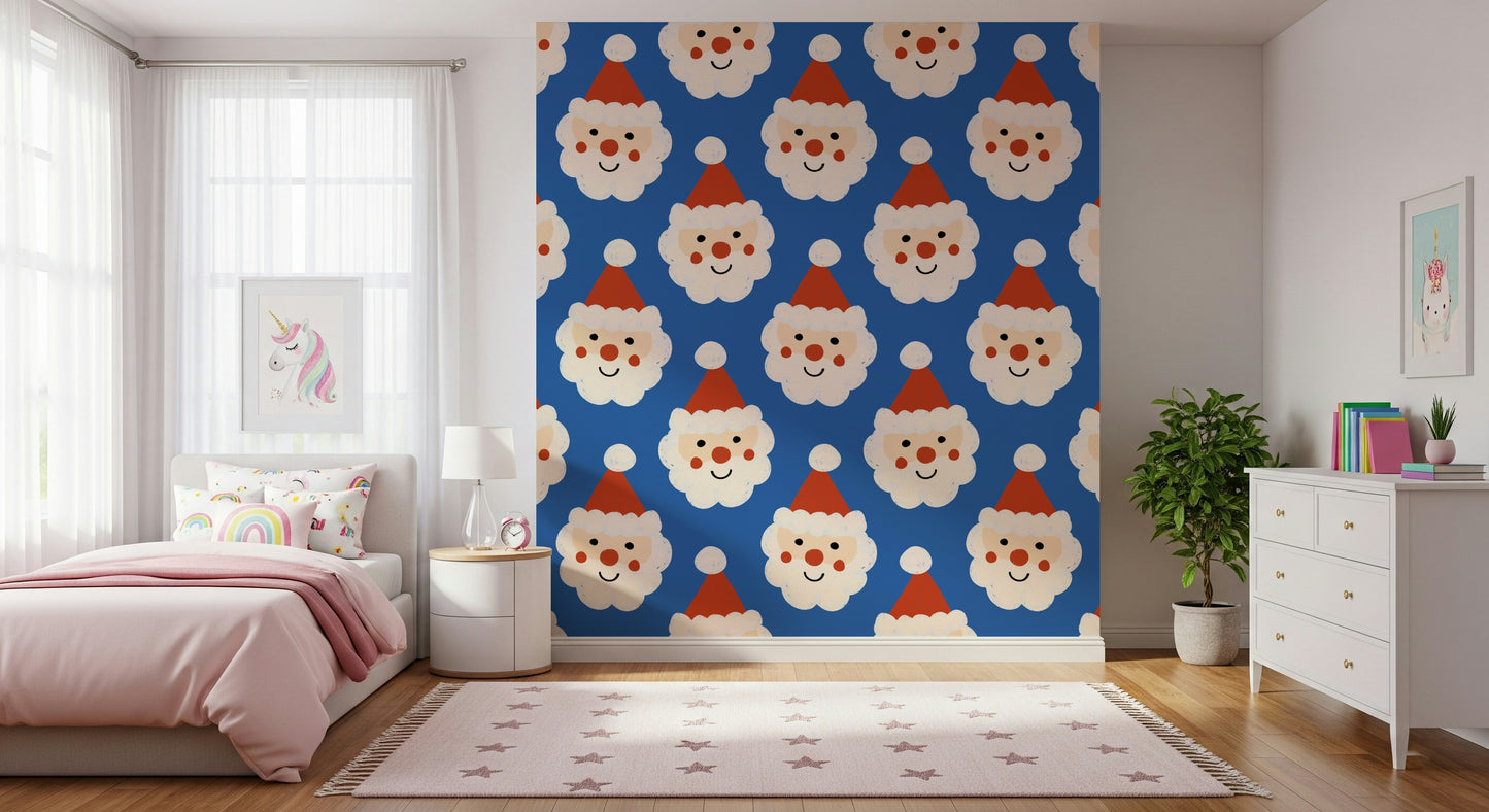 A charming Santa wallpaper showcasing happy holiday faces for a cheerful festive décor.
