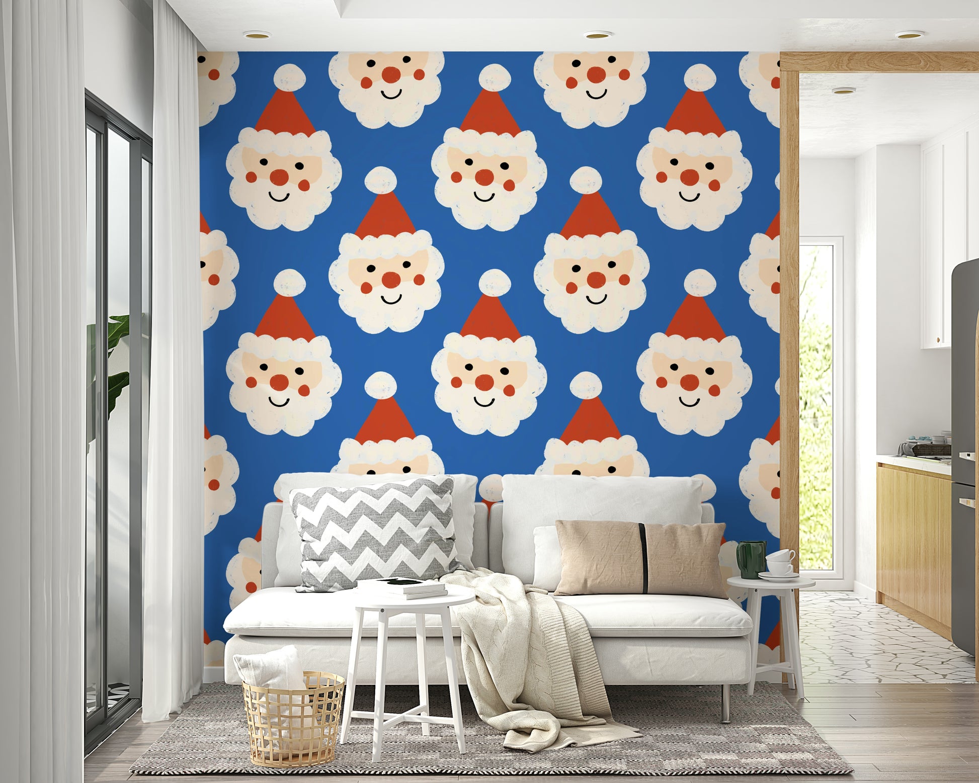 Cute festive wallpaper featuring hand-drawn Santa faces with snowy white beards.