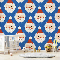 A whimsical Santa wallpaper with bright red hats and cheerful expressions on a bold blue backdrop.