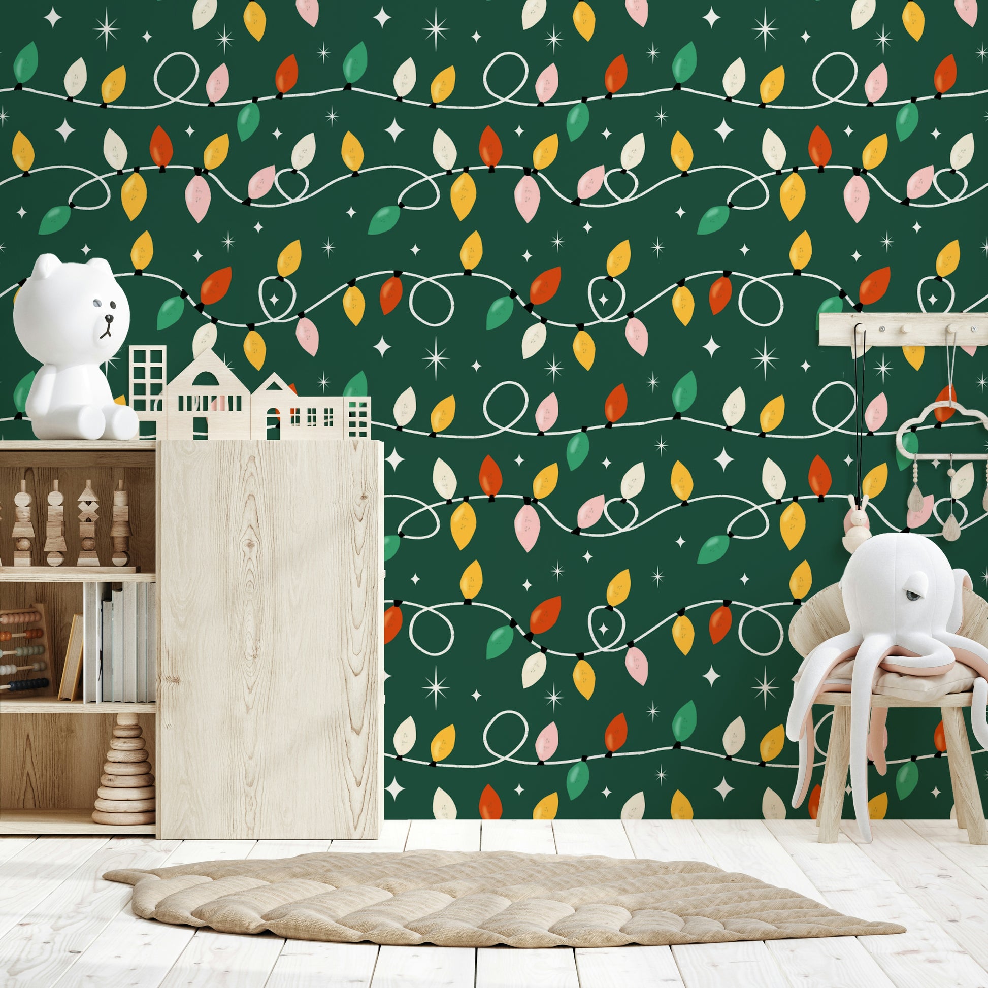 A decorative wallpaper showing wavy strings of colorful Christmas lights and sparkly stars.