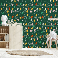 A decorative wallpaper showing wavy strings of colorful Christmas lights and sparkly stars.