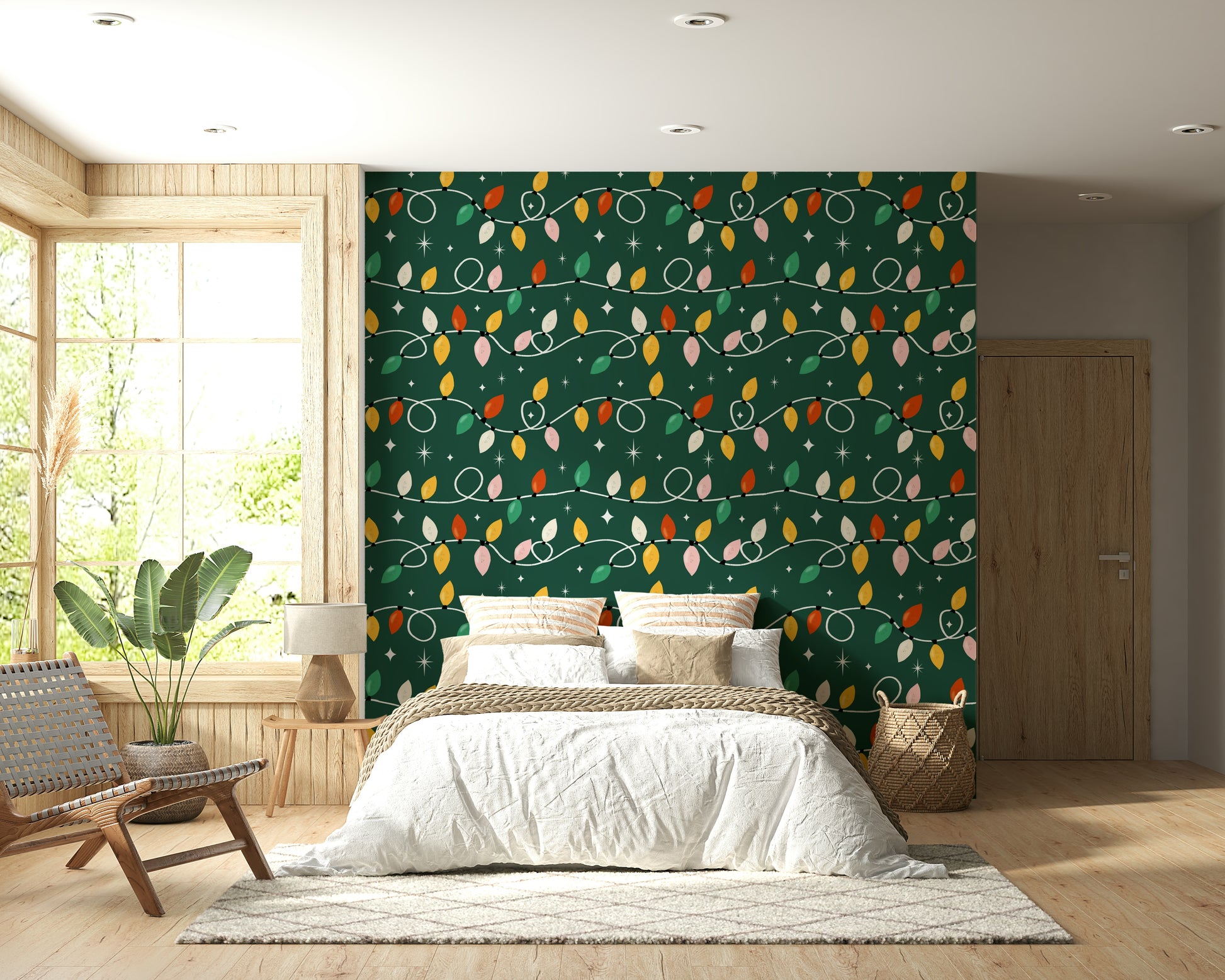 Bright holiday bulbs scattered across a deep green wallpaper with whimsical swirling wires.