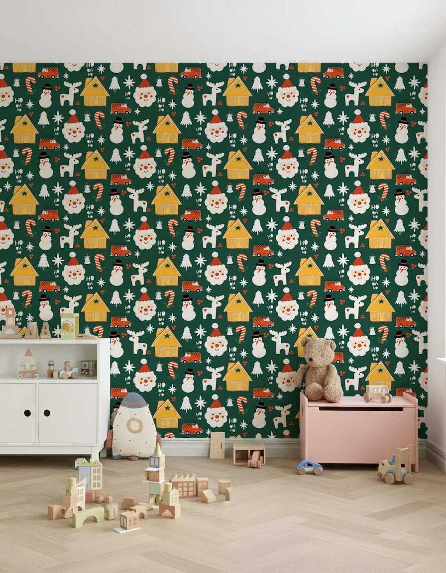 Bright festive wallpaper with cozy cabins, jolly Santa faces, classic candy canes, and snowmen.