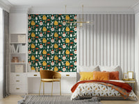 A festive Christmas wallpaper featuring Santa faces, reindeer, snowmen, and cozy cabins on a green background.