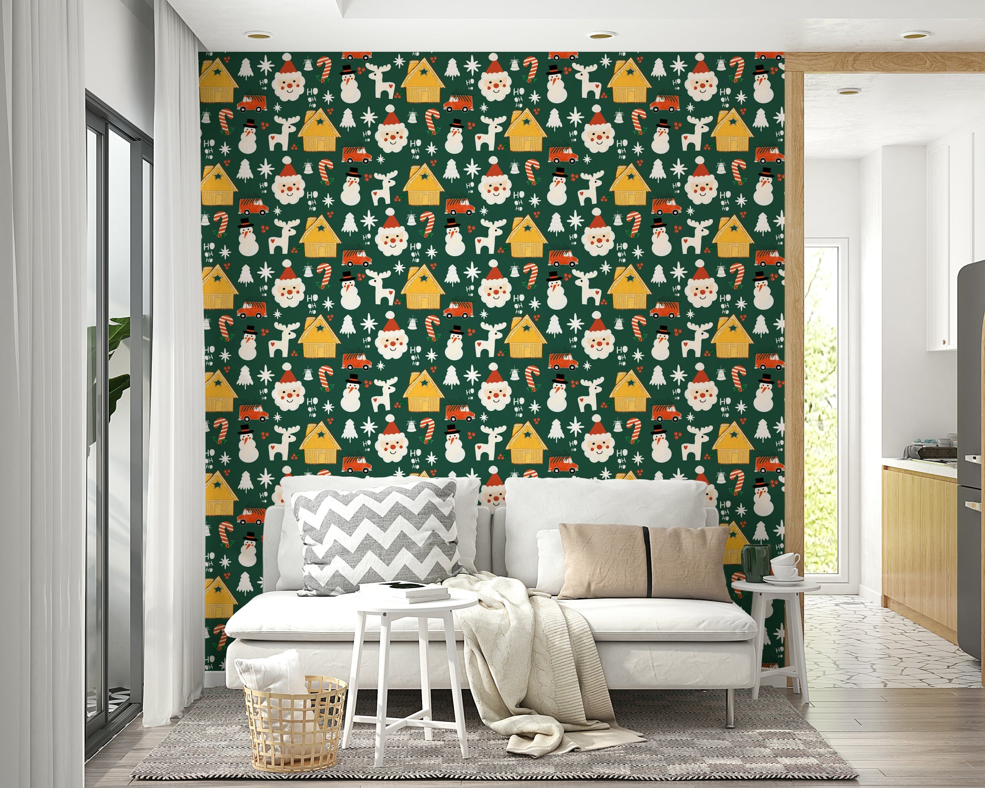 Whimsical winter wallpaper displaying friendly Santa faces, reindeer, and holiday cabins in a repeating pattern.