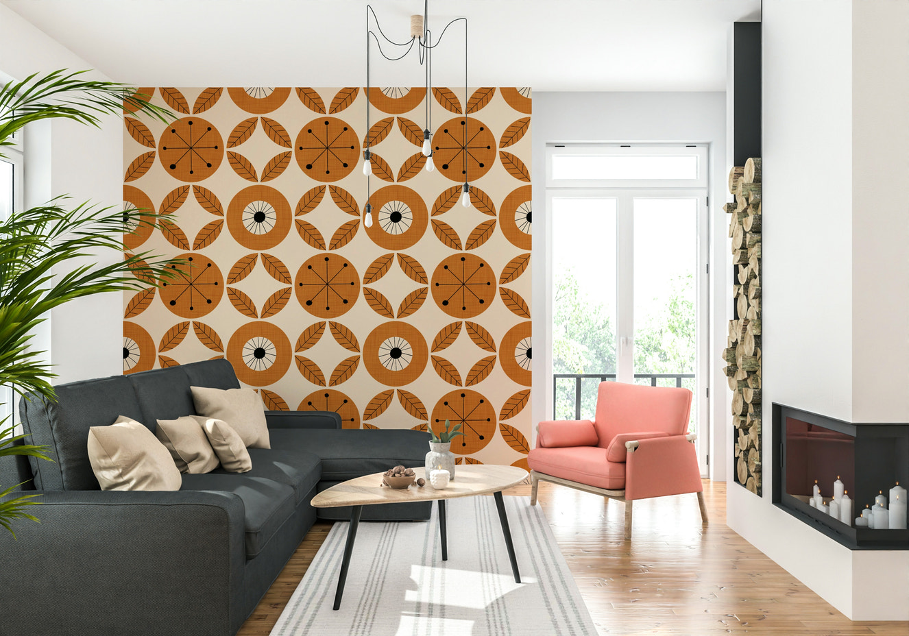 A mid-century charm wallpaper featuring bold circular motifs with retro leaf accents in warm orange tones.