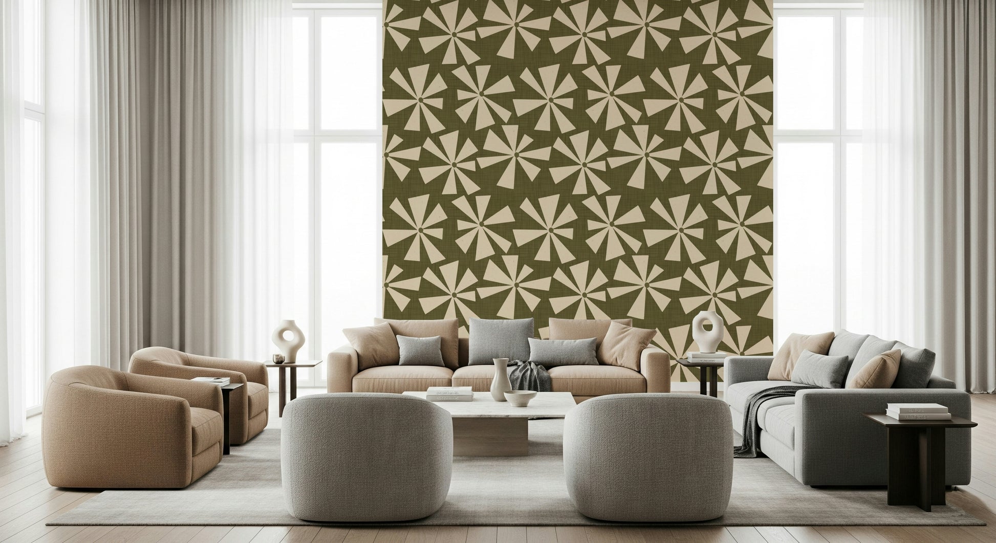 Decorative wallpaper with mid-century starburst flowers in a playful repeating pattern.