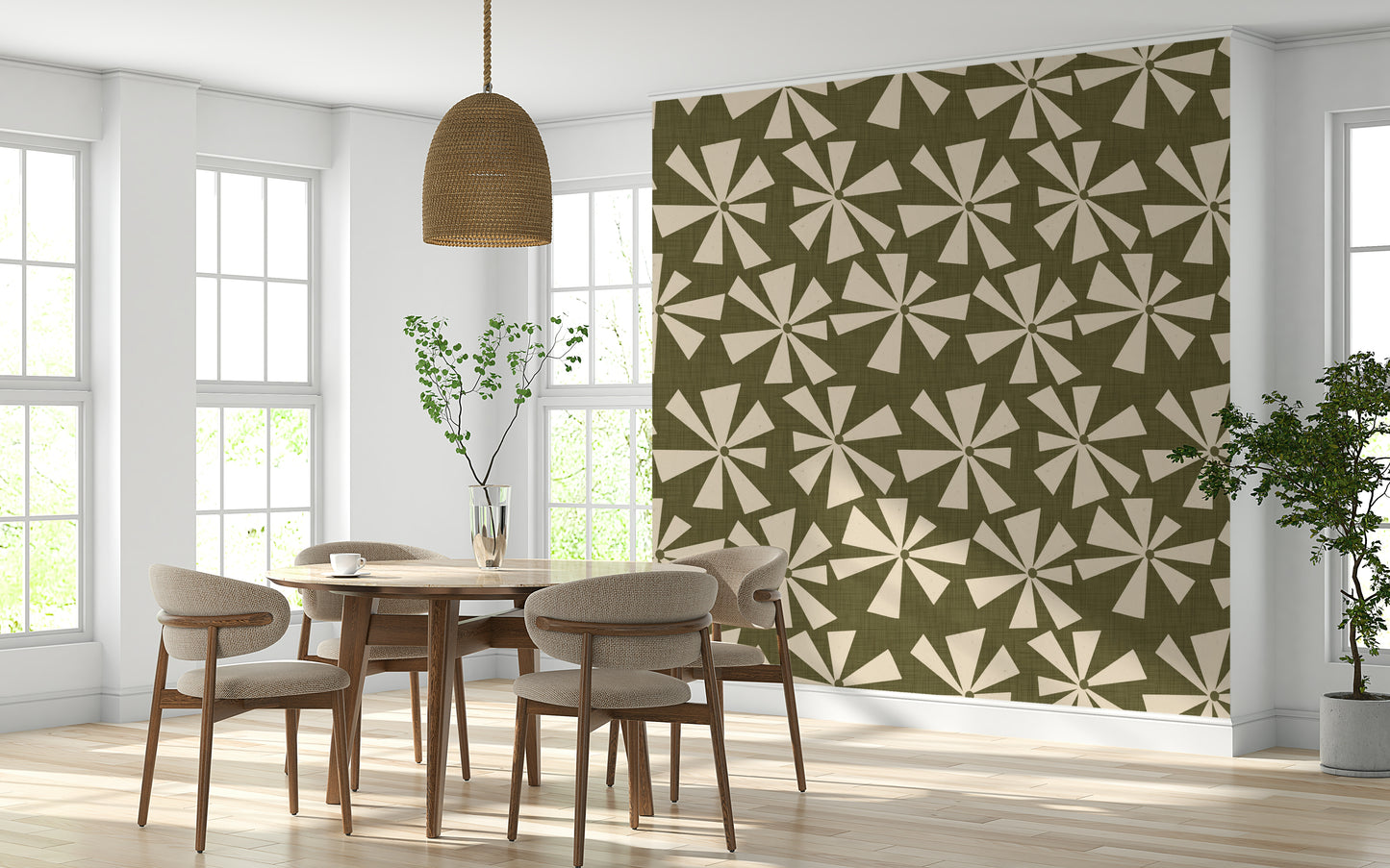 Mid-century inspired wallpaper with abstract pinwheel bursts in a repeating geometric design.