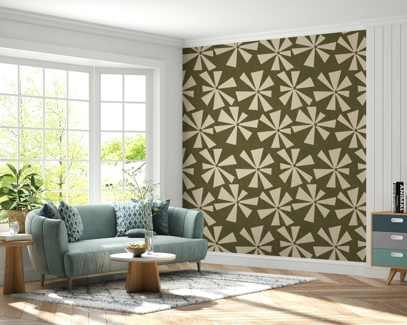 Retro burst pattern wallpaper featuring cream starburst shapes on an olive green background.