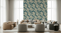 Vintage-inspired wallpaper featuring scattered geometric blooms with radiating petal forms.