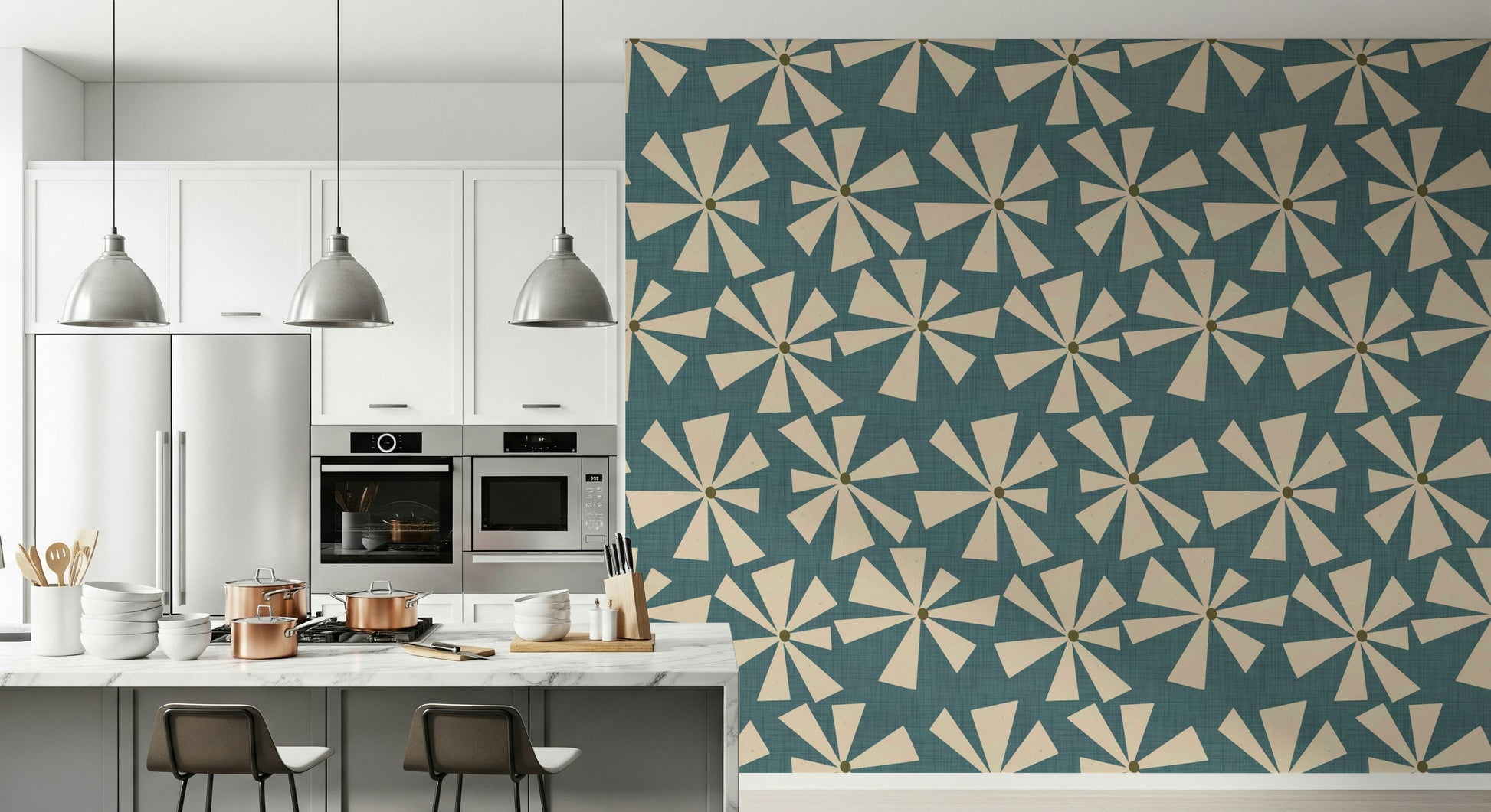Geometric floral wallpaper with radiating petal shapes on a muted teal backdrop.