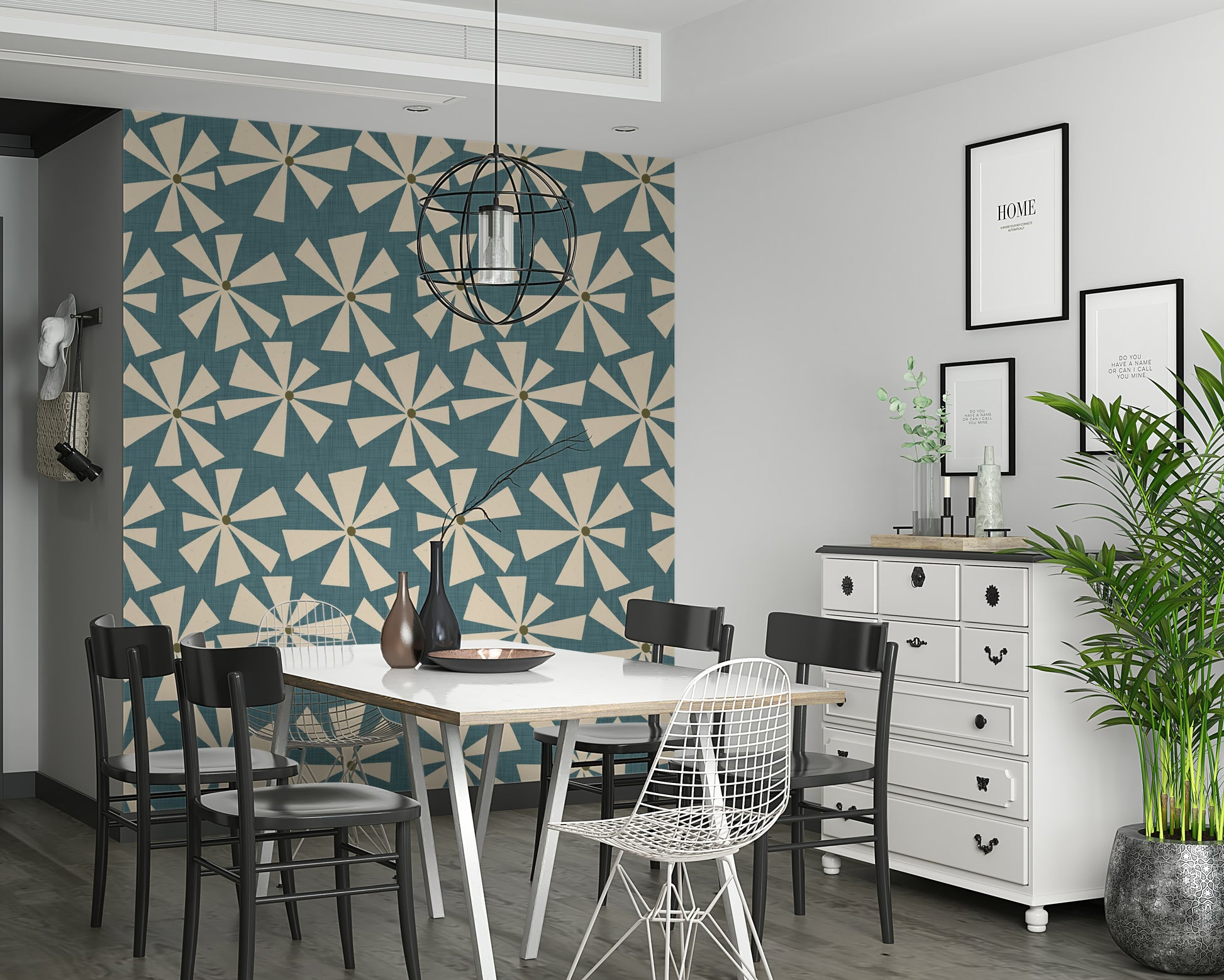 Retro-style floral wallpaper with pinwheel-shaped blossoms in a bold geometric design.