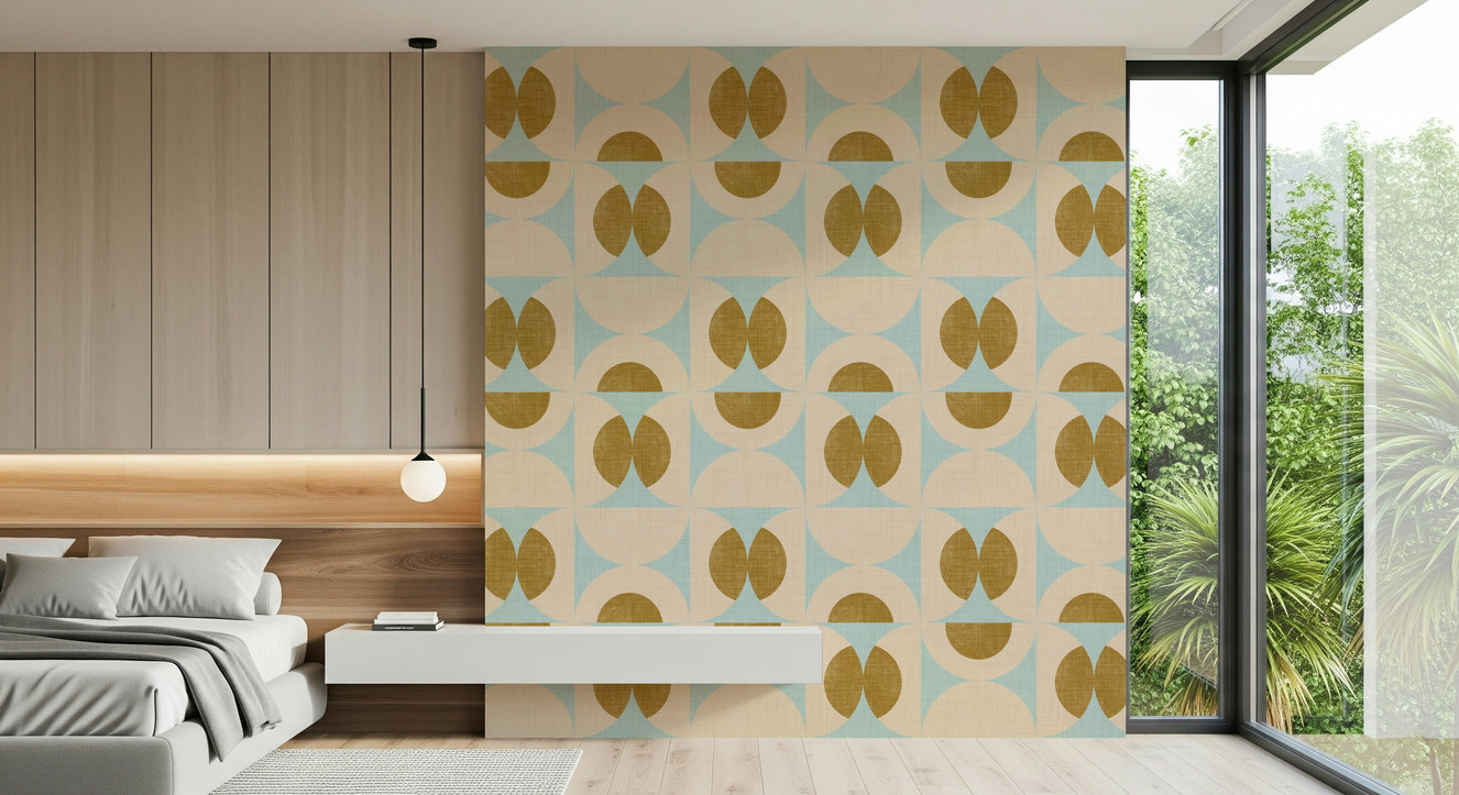Retro harmony wallpaper featuring repeating curved shapes in soft aqua and mustard tones.