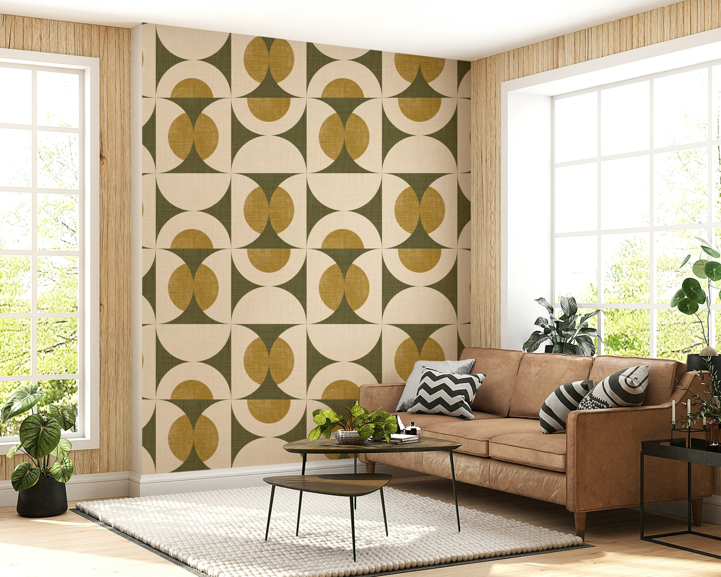 Abstract vintage wallpaper with structured geometric arcs in soft cream and olive shades.