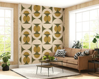 Abstract vintage wallpaper with structured geometric arcs in soft cream and olive shades.