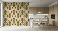 Earthy mid-century wallpaper with circular and arc shapes in olive, cream, and mustard hues.