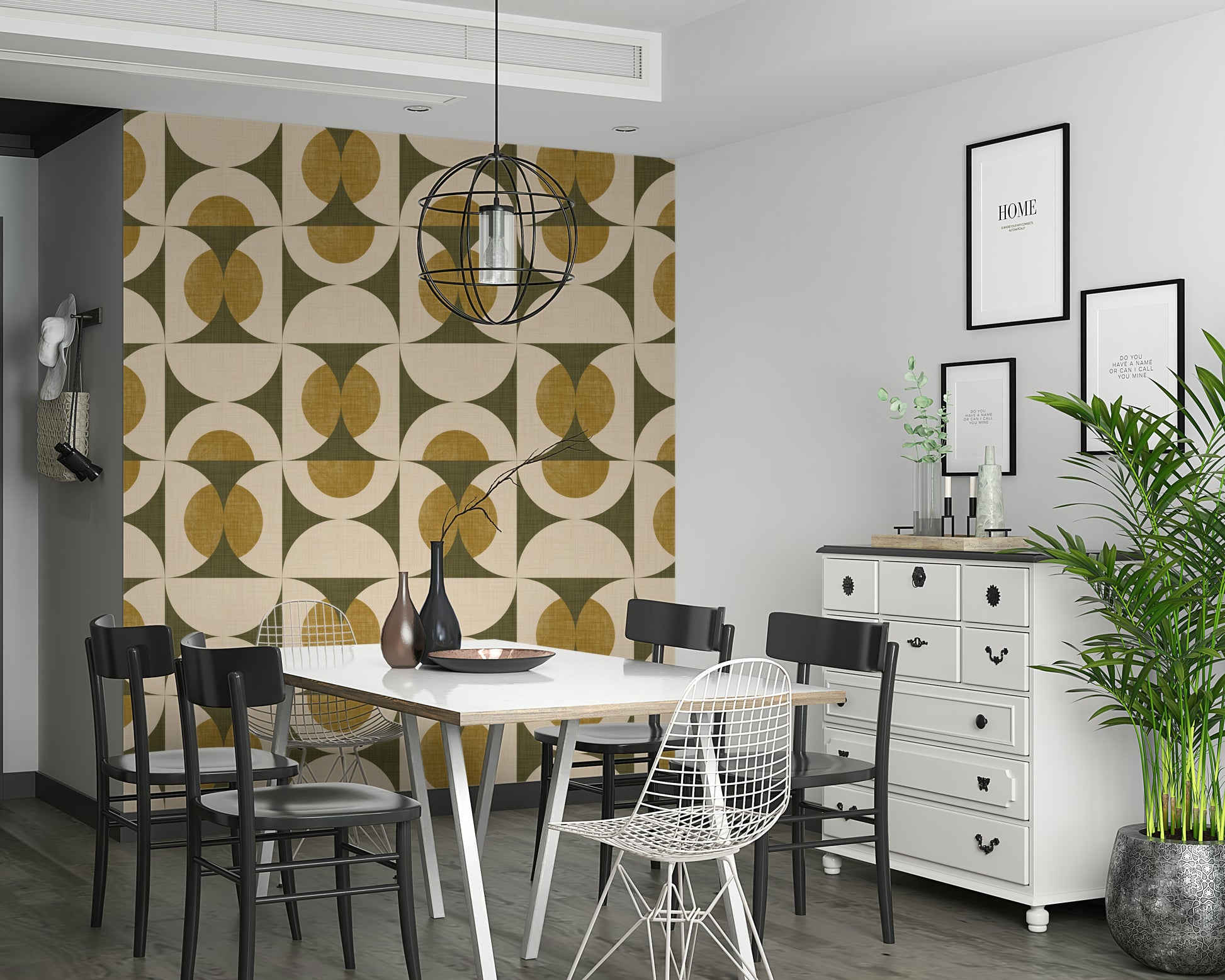 Chic mid-century wallpaper with curved green shapes and mustard oval elements.