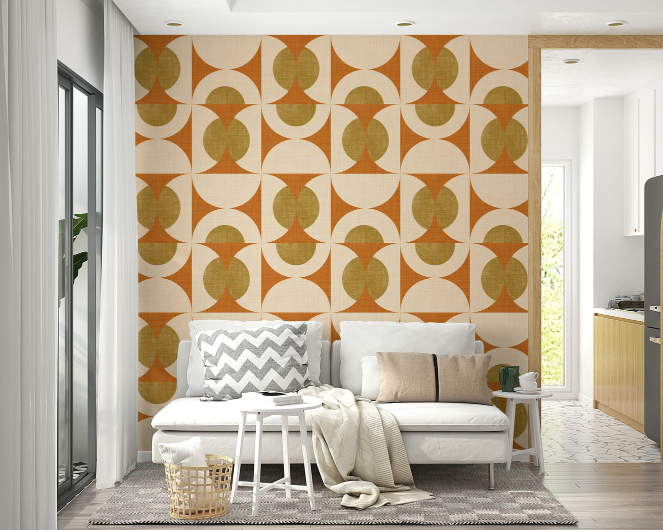 Arc Harmony wallpaper featuring repeating curved shapes in warm terracotta and olive tones.