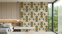 Vintage-style tile wallpaper in mustard yellow and teal circular motifs.