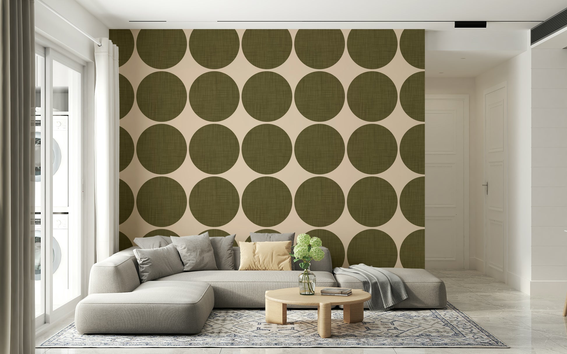 Circles in linen wallpaper featuring large olive-brown textured circles on a soft beige background