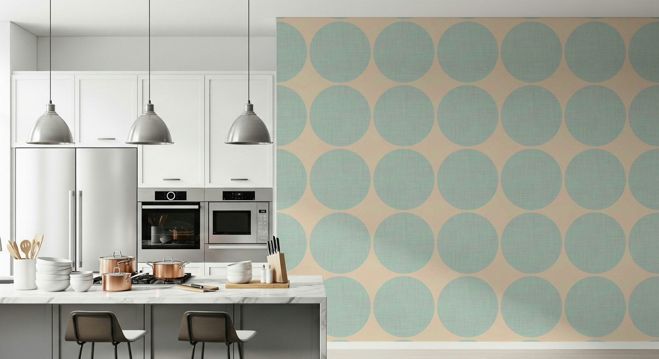 Aqua dot swirl wallpaper featuring large aqua circles with a subtle woven texture on a beige background