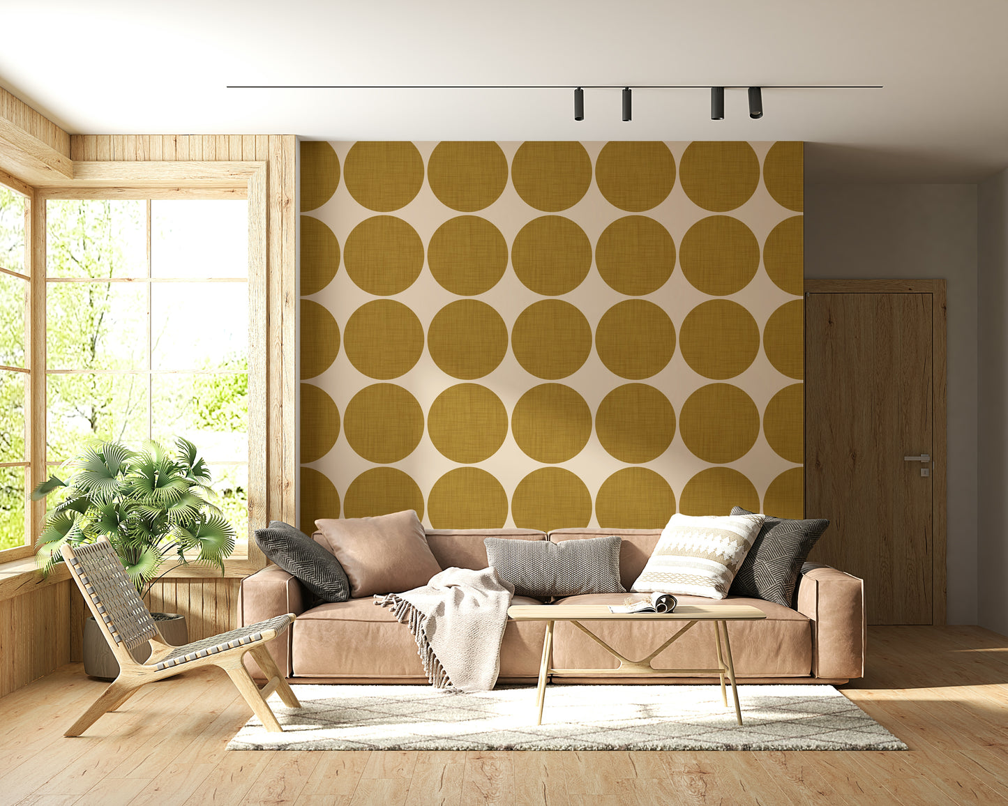 Contemporary wallpaper showcasing bold ochre circles spaced evenly for a striking graphic effect