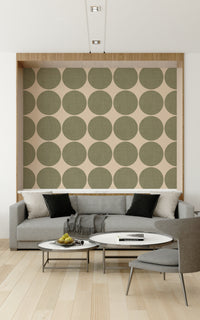 Contemporary wallpaper showcasing bold olive circles spaced evenly for a graphic look