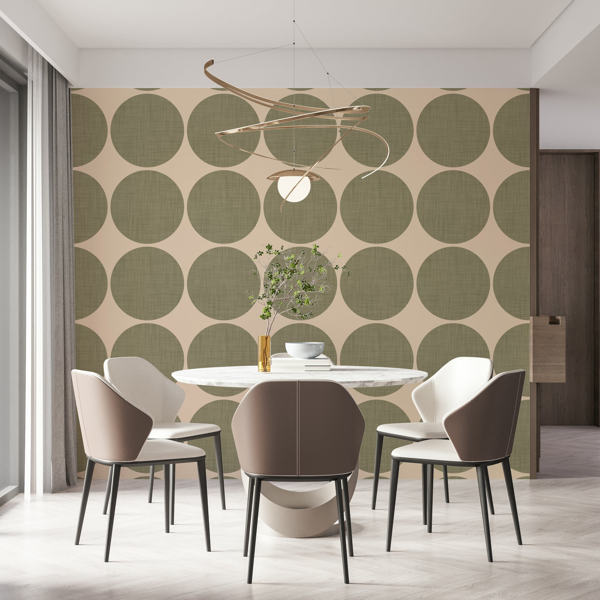 Minimalist geometric design featuring textured olive spheres on a smooth beige base