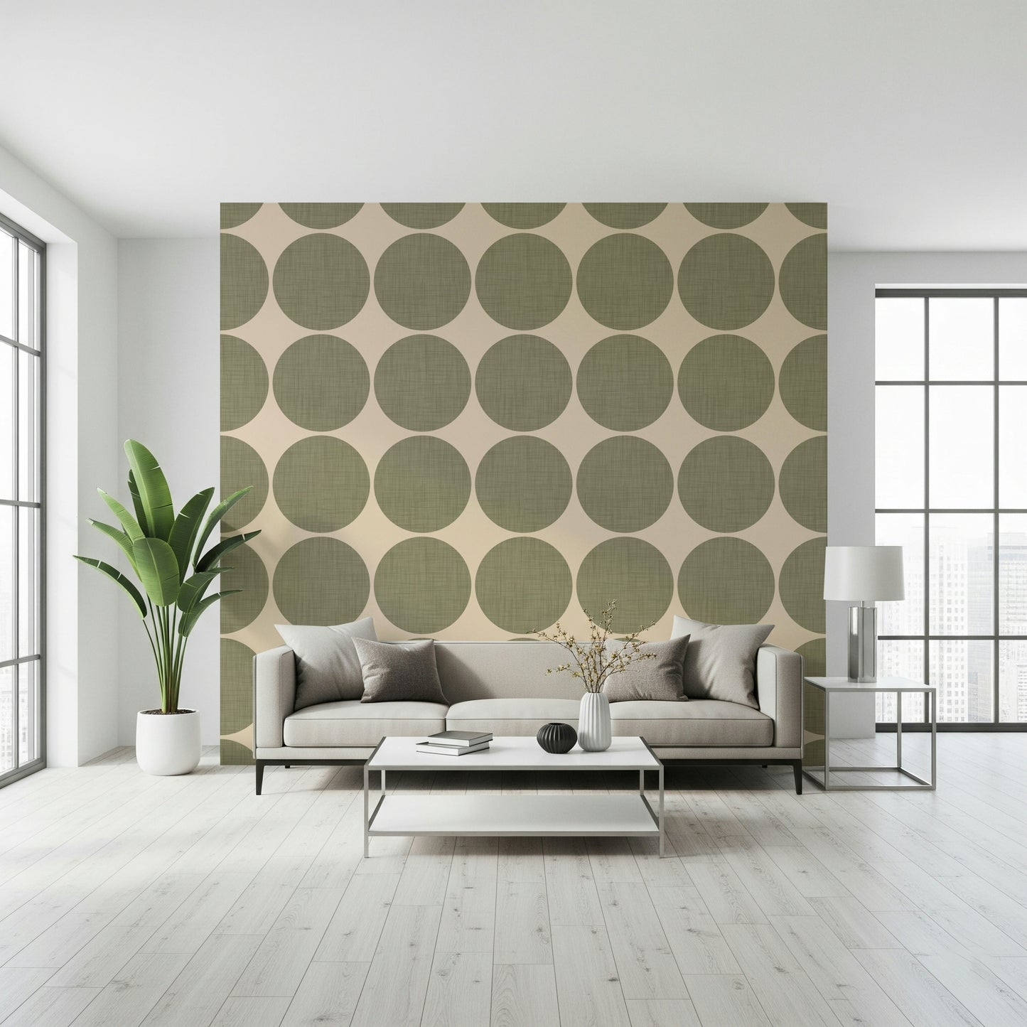 Olive circles wallpaper featuring large olive-green dots on a soft beige background