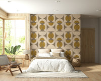 Modern retro wallpaper with symmetrical arcs and circle shapes arranged in a grid layout