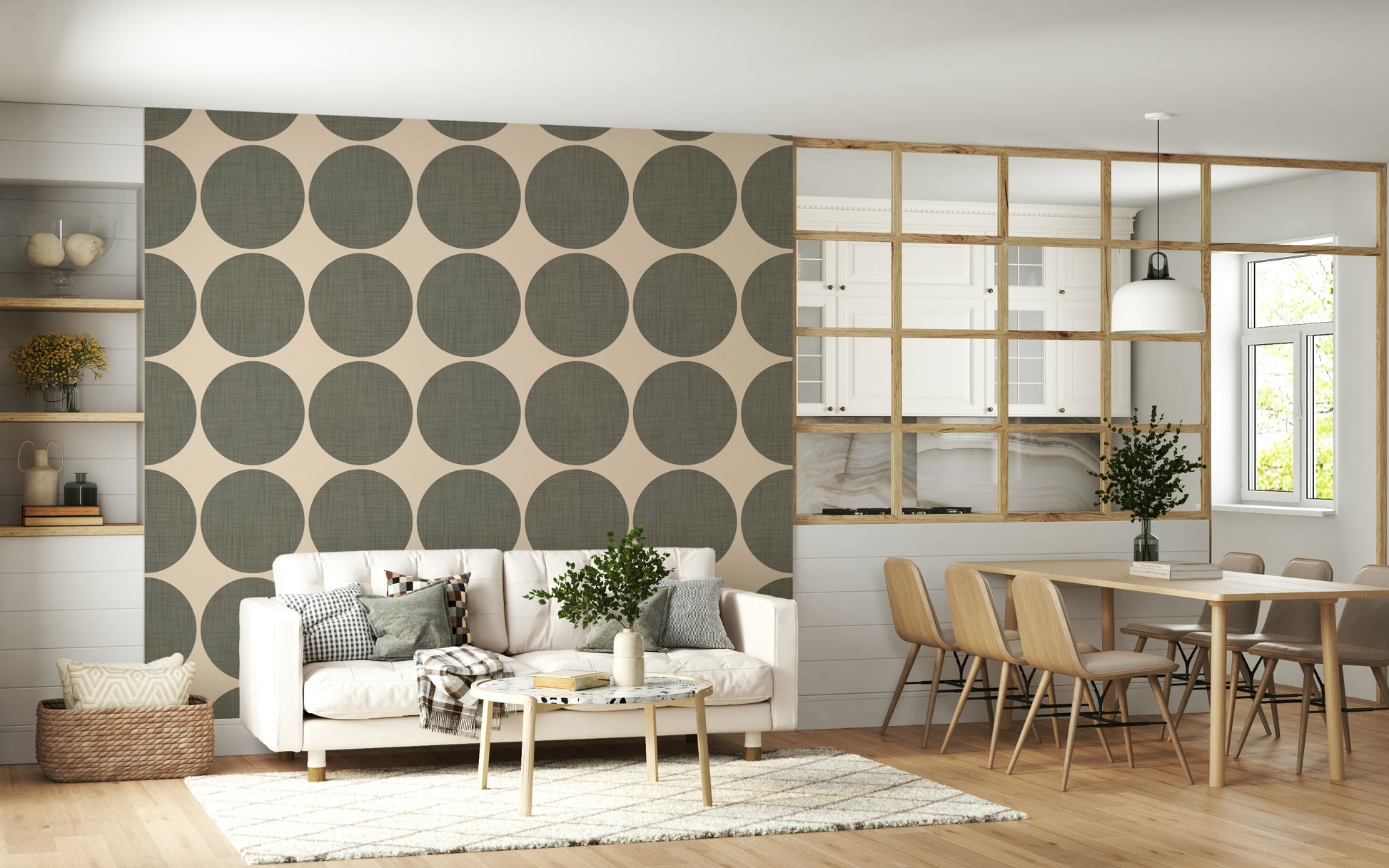 Repeating pattern of soft green circular shapes with a woven texture on an off-white backdrop