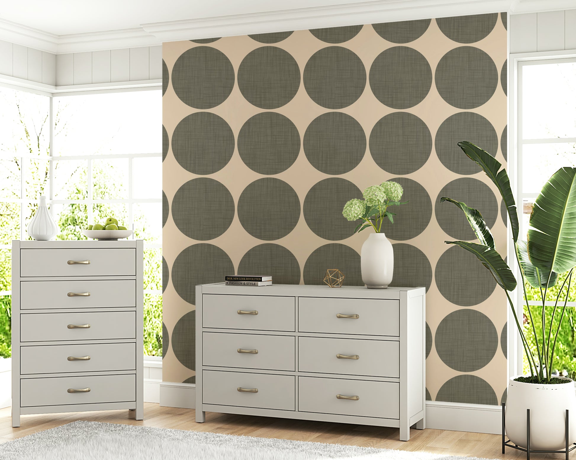 Modern geometric wallpaper with oversized textured dots evenly spaced across a light neutral surface