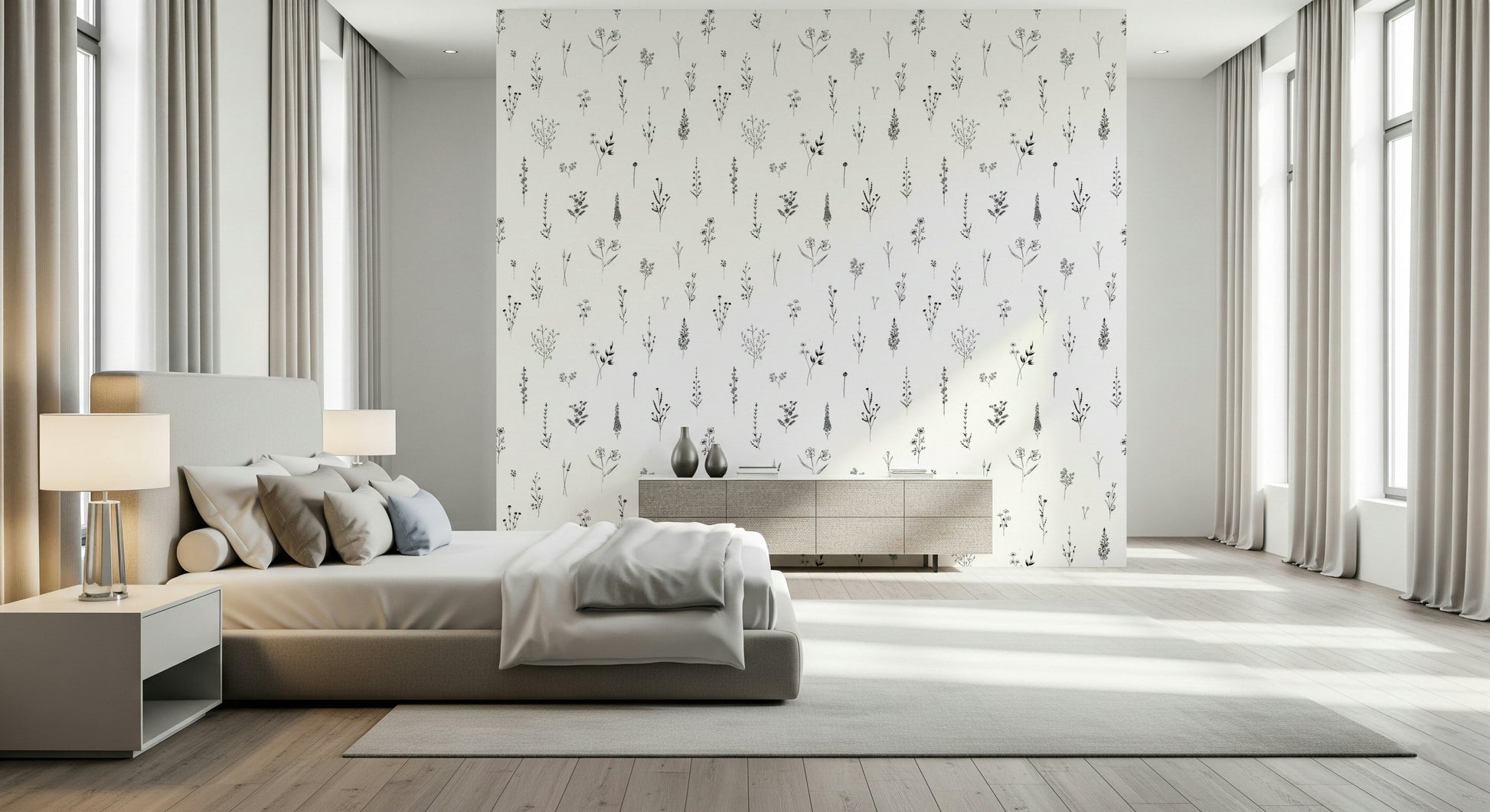 Simple botanical design featuring black ink flower drawings on a smooth off-white surface