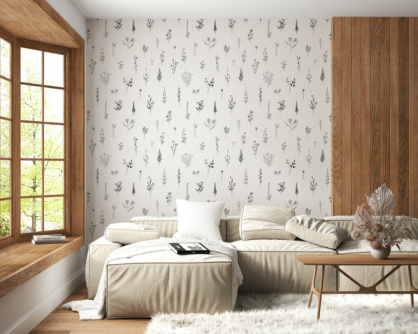 Repeating pattern of fine botanical illustrations in black ink on a clean white backdrop