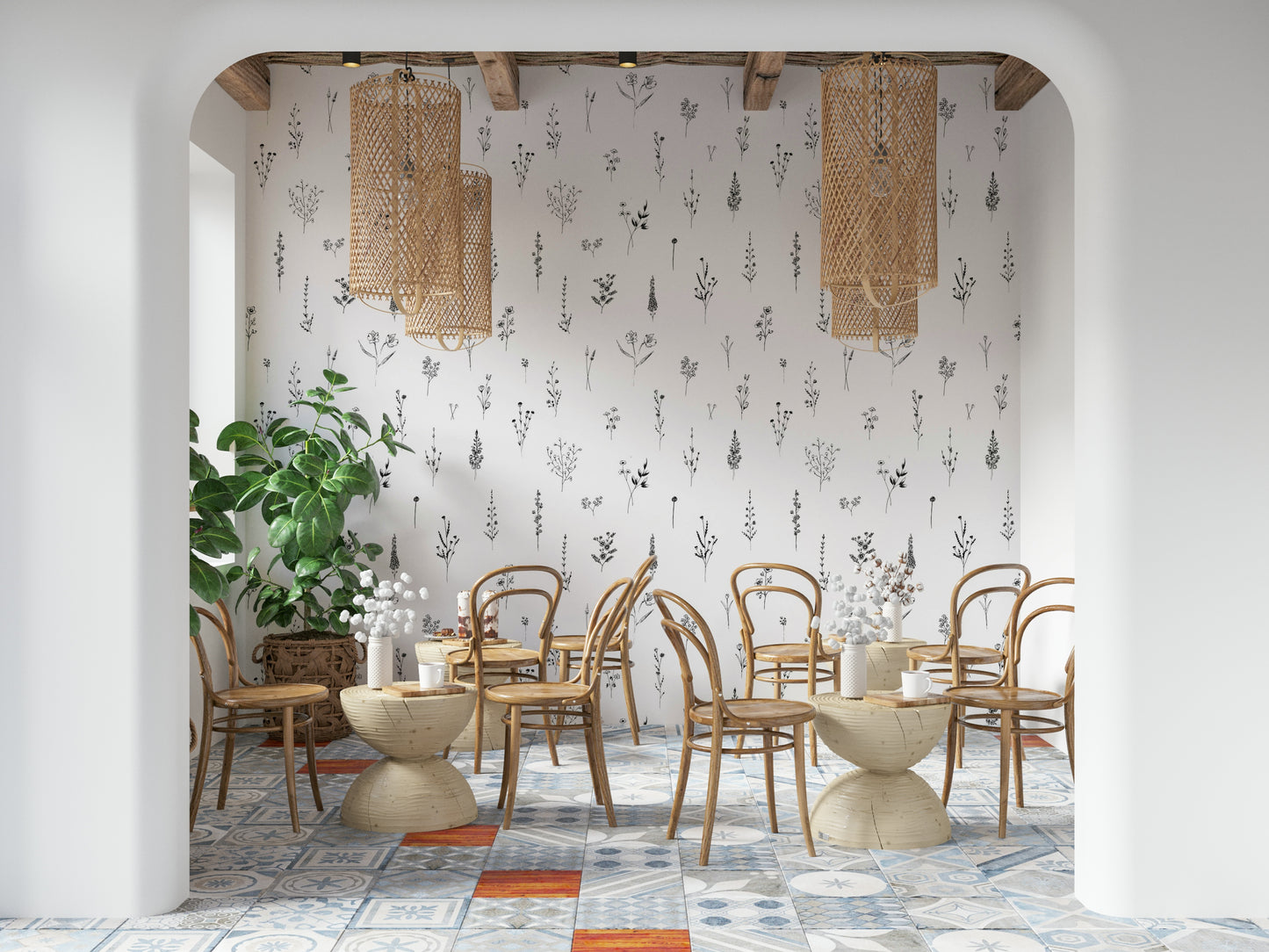Soft white wallpaper decorated with thin line-art flowers and stems in a hand-sketched style