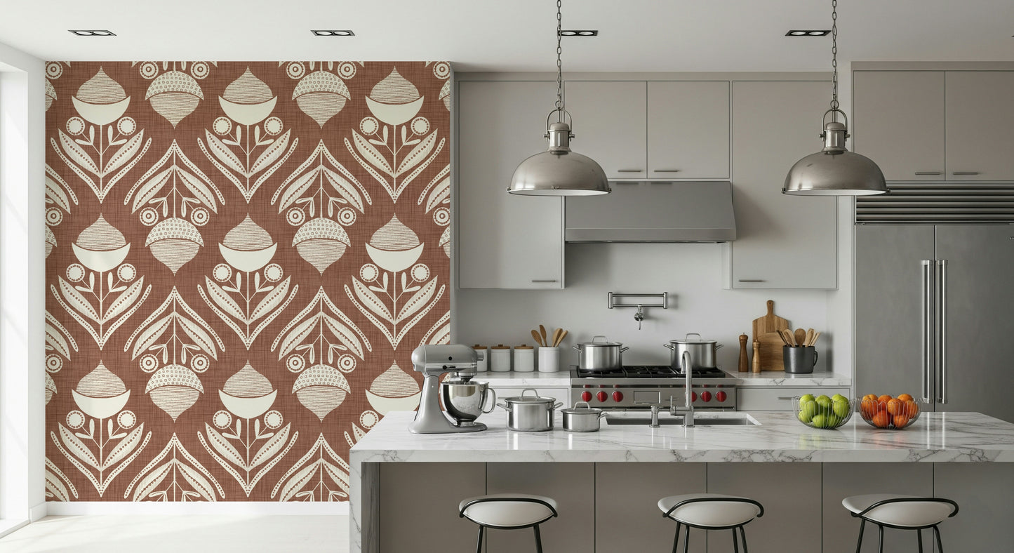 Warm terracotta wallpaper with decorative cream blooms and geometric folk-inspired accents