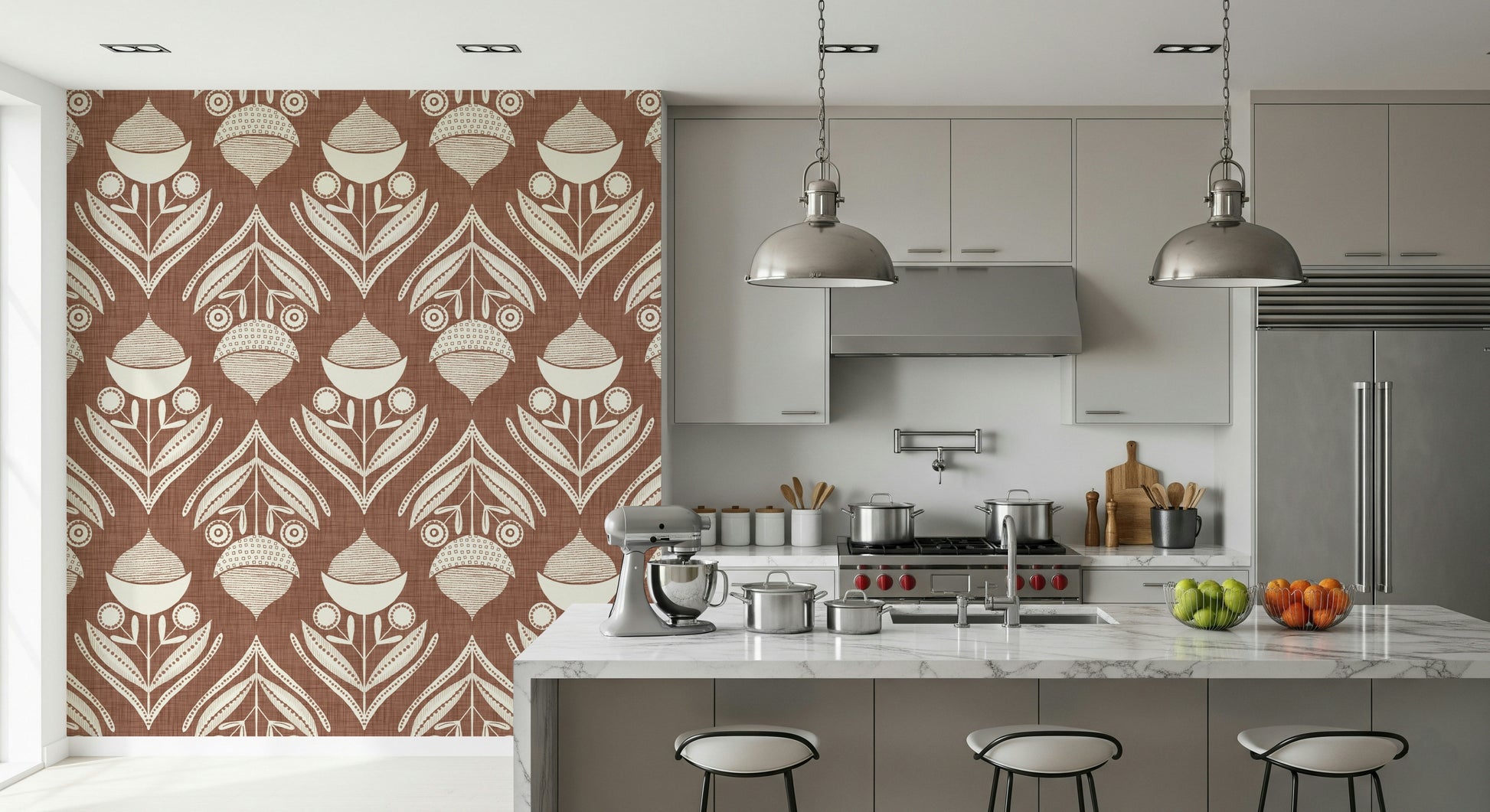 Warm terracotta wallpaper with decorative cream blooms and geometric folk-inspired accents