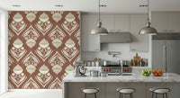 Warm terracotta wallpaper with decorative cream blooms and geometric folk-inspired accents