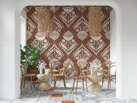 Stylized floral pattern with symmetrical blooms and curved leaves in cream over an earthy brown base