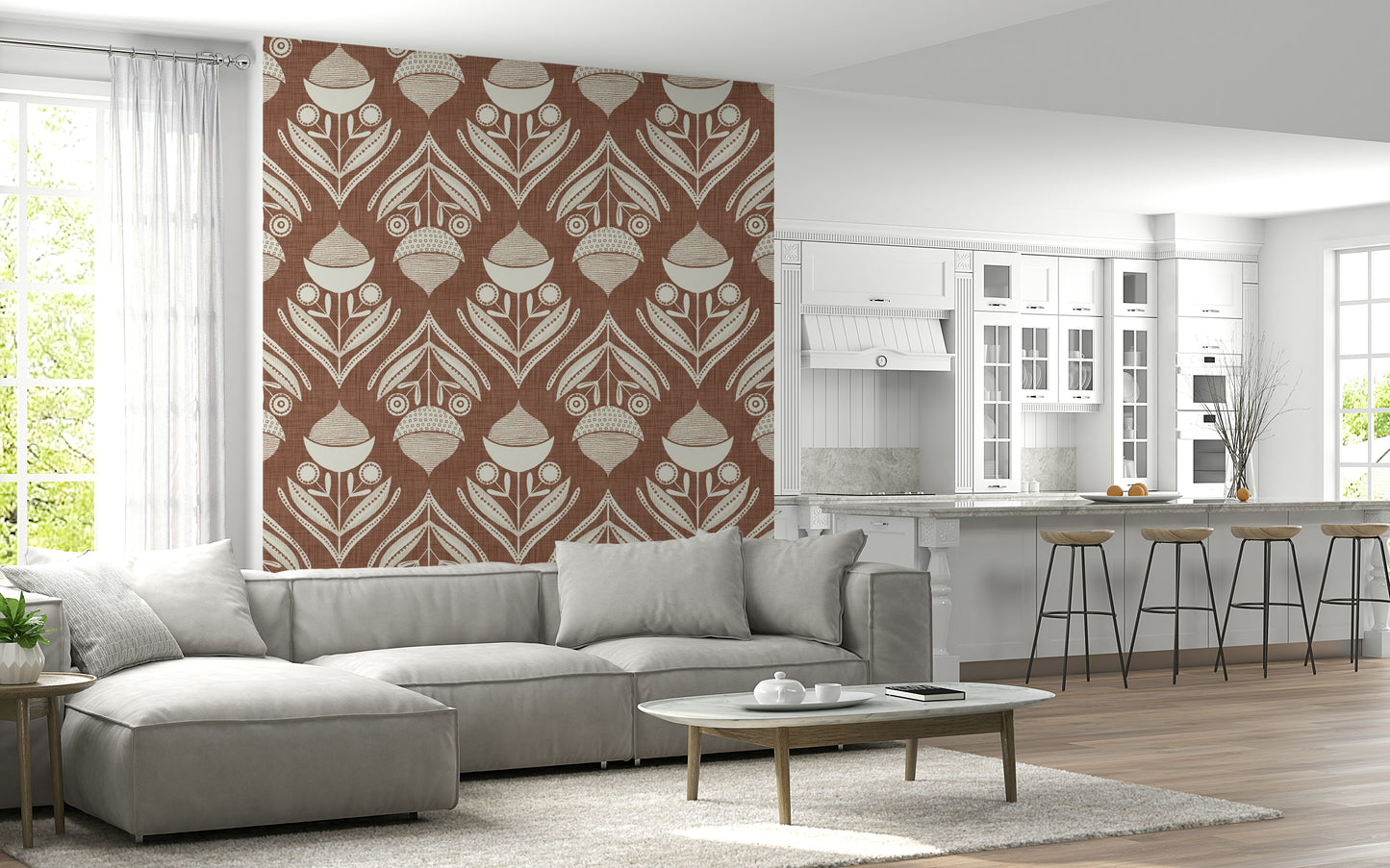 Contemporary botanical motif with rounded buds, arched leaves, and textured seed pods in soft neutrals