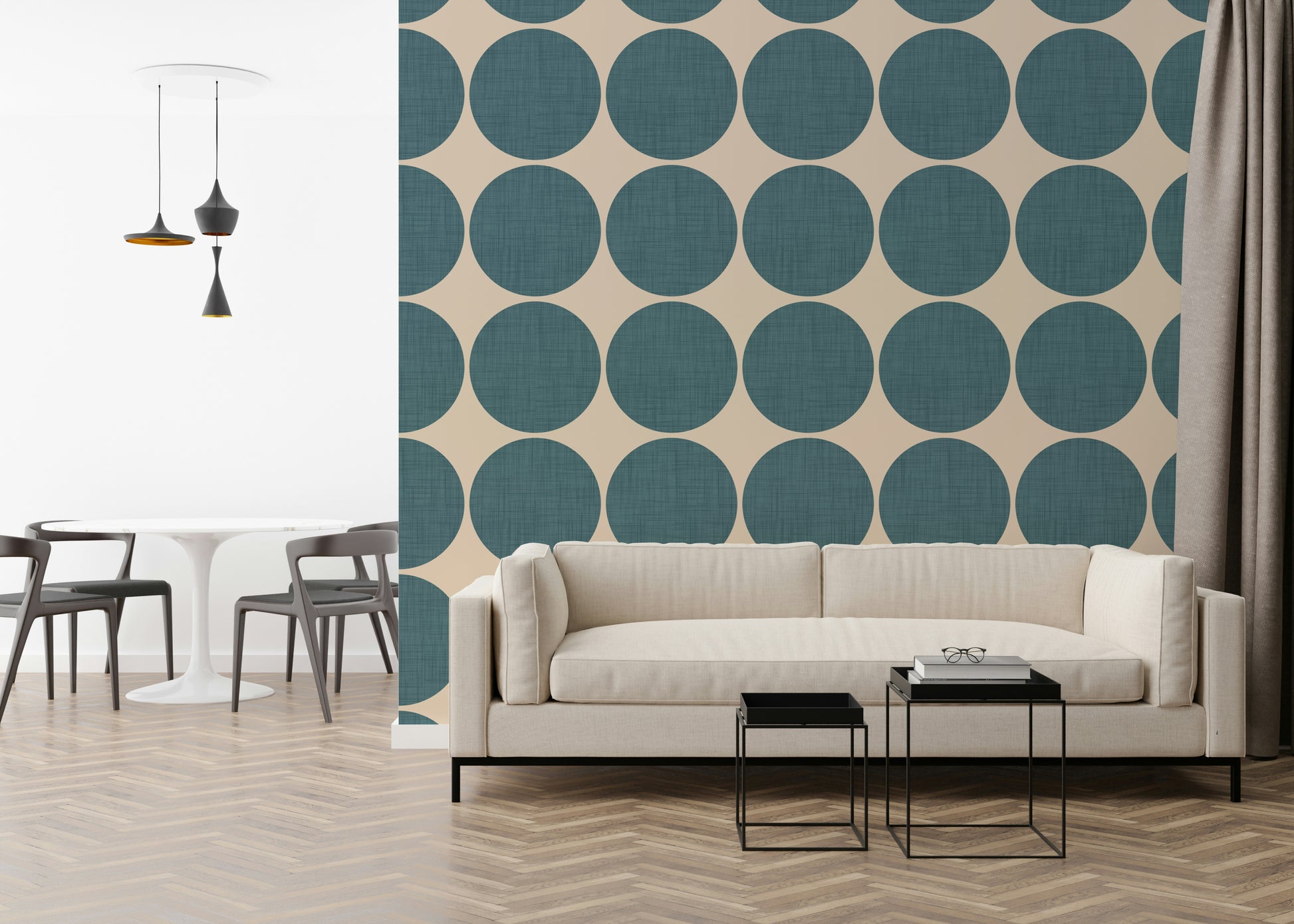 Contemporary wallpaper showcasing oversized teal circles in a uniform grid layout
