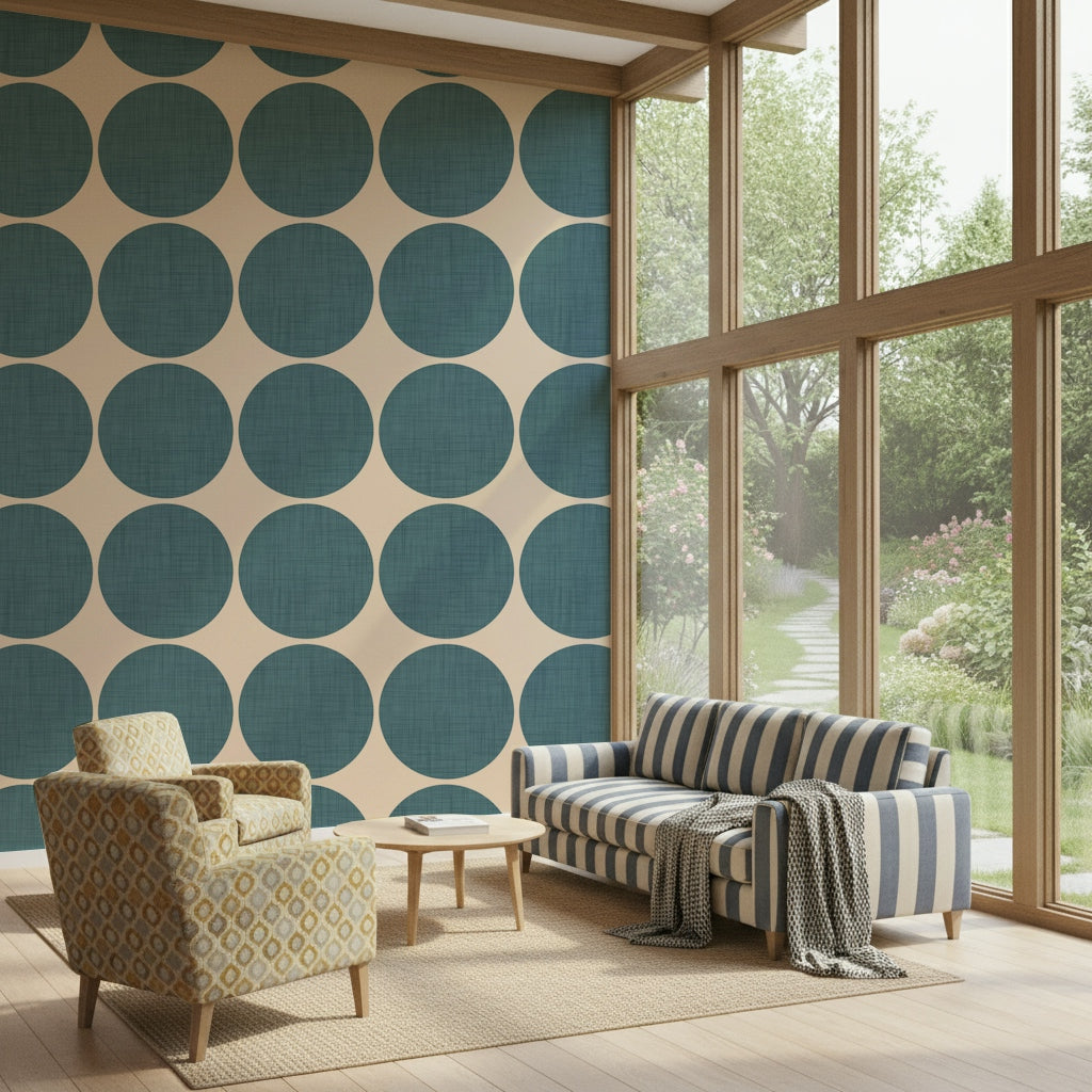 Textured teal arcs wallpaper featuring large teal circles arranged in a clean repeating pattern on a beige background