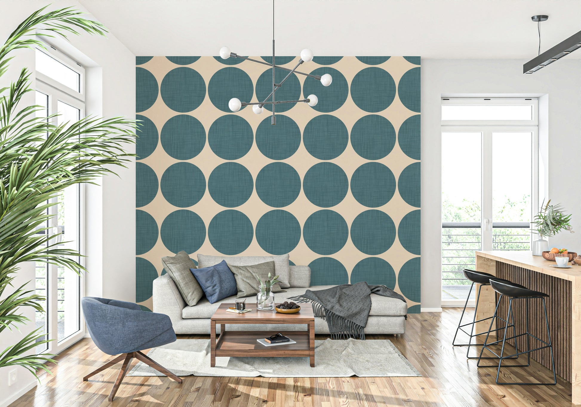 Repeating teal dot pattern with a subtle fabric-like texture on a soft beige surface
