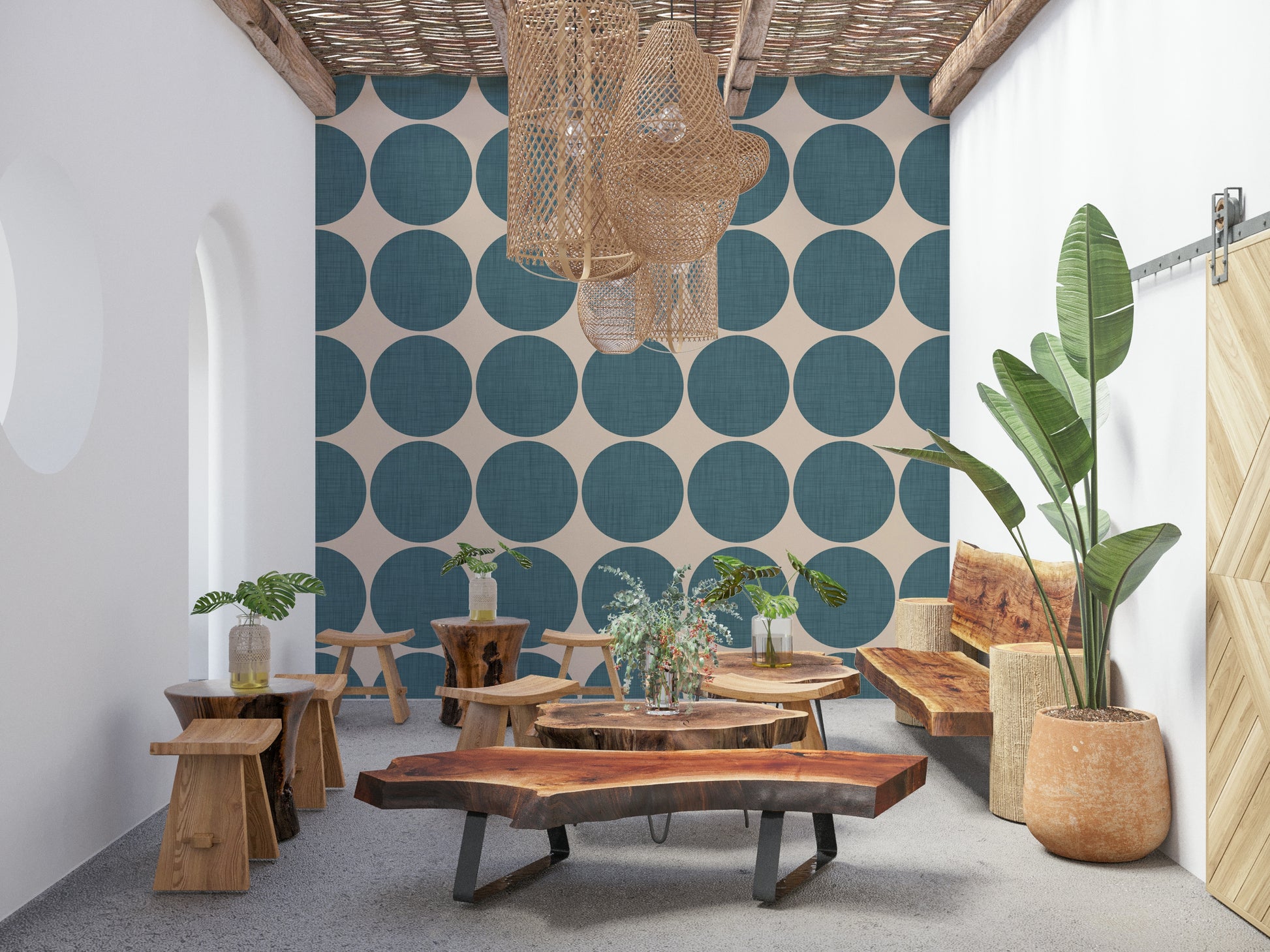 Modern geometric wallpaper with teal circular shapes evenly spaced across a neutral backdrop