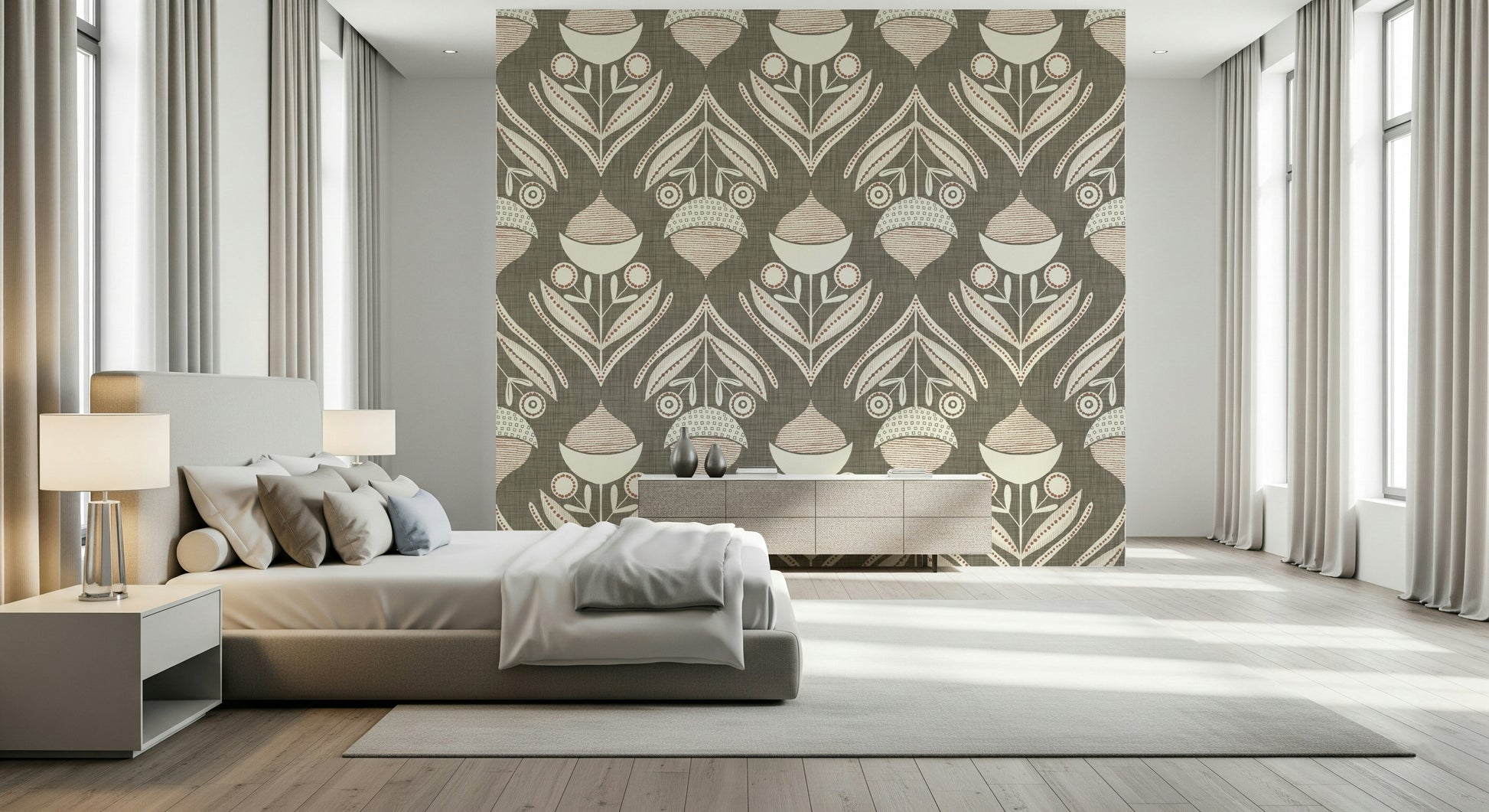 Contemporary floral motif with rounded buds, seed pods, and arched leaves in beige and cream
