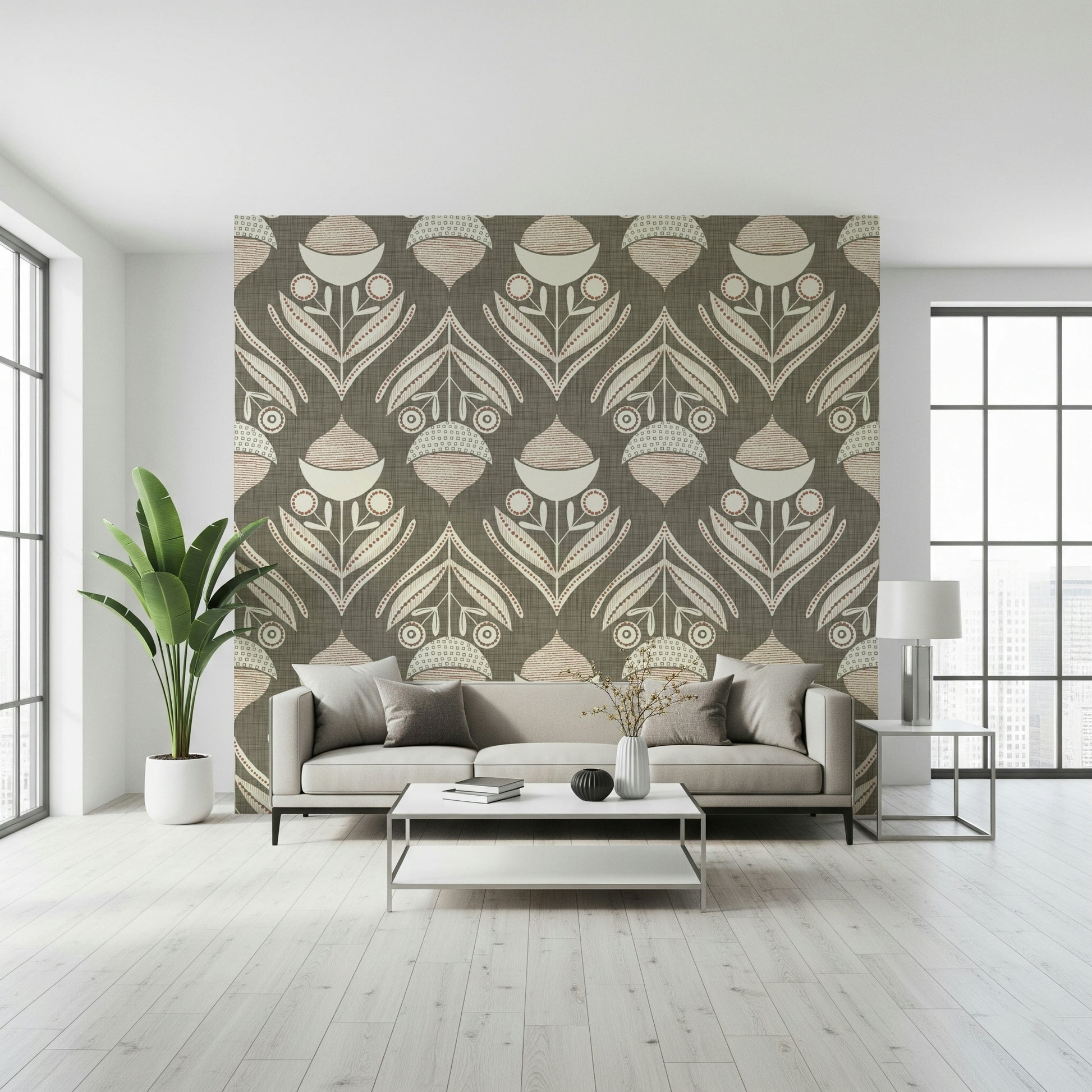 Neutral botanical wallpaper featuring abstract floral shapes arranged in a rhythmic repeating pattern